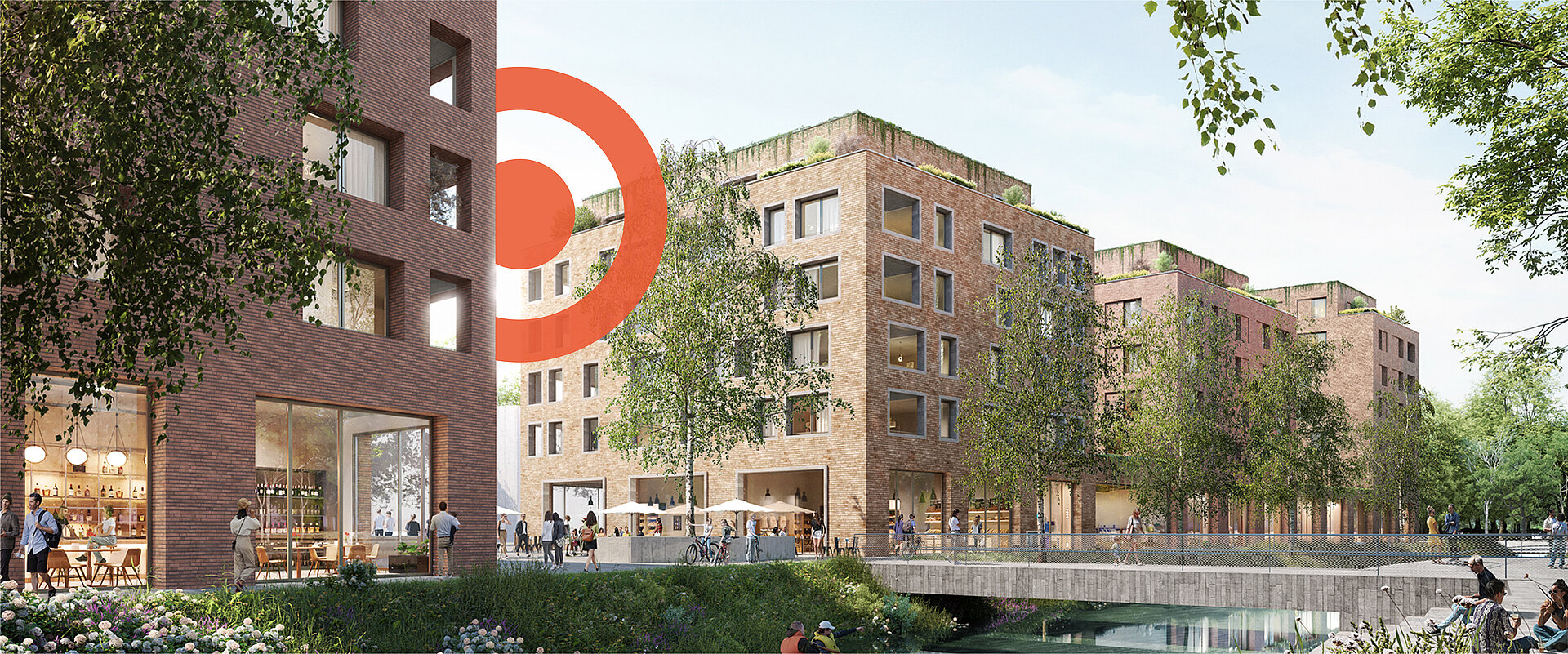 Rendering der vier neuen Gebäude vom Projekt DICHTER4 in Ulm mit orangem PRISMA Logoelement im Hintergrund.